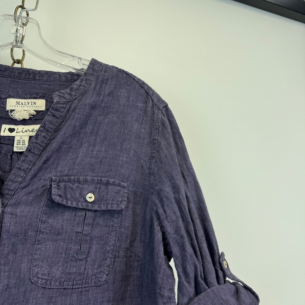Malvin I Love Linen 100% Linen Shirt Dress Blue Button Front Roll Sleeve Sz L - Picture 6 of 13